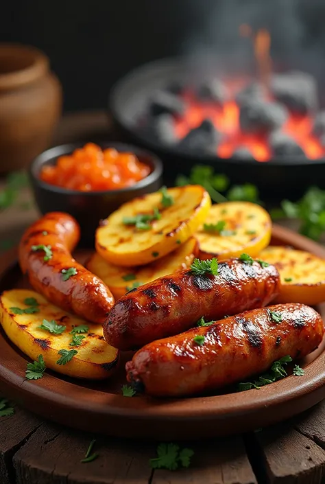 Grilled ripe plantains with grilled sausage