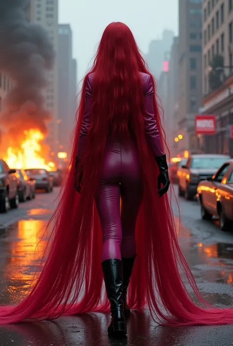 (((A beautiful woman with long red hair dragging her hair along the road))),(((with extensive long red hair prenzil six feet long)))Adriana Lima wearing (((A fuchsia leather one-piece suit))) black leather gloves and boots standing in a rainy apocalyptic c...