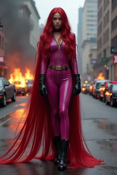 (((A beautiful woman with long red hair dragging her hair along the road))),(((with extensive long red hair prenzil six feet long)))Adriana Lima wearing (((A fuchsia leather one-piece suit))) black leather gloves and boots standing in a rainy apocalyptic c...