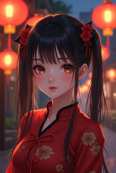 Anime girl with two dark brown onion pigtails with straight bangs, red chinese dress, black painted lips, behind night landscape with Chinese lamps illuminating