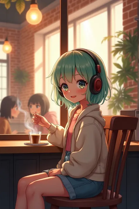 Draw me an anime character sitting and listening to music in a cafe. Image size 16:9