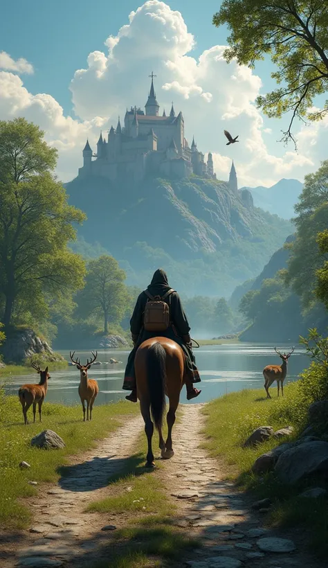 Image with many details, in the world of adventure and fantasy, beautiful landscape, harmonious nature, the figure of a medieval adventurer (viewing angle from behind) wearing a cloak, carrying a travelers bag and a small wooden crucifix as accessories, is...