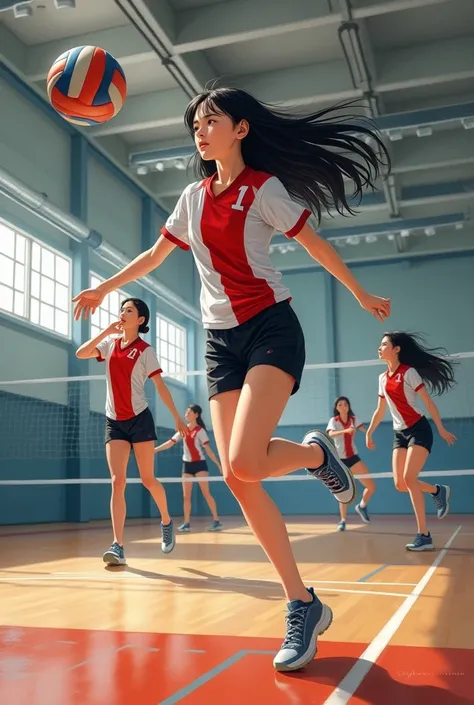 Japanese long black hair high school girl oil painting。
Volleyball club practicing in the gym。
The uniform is white and red with short sleeves on top.、The bottom is black, it looks like a photograph。