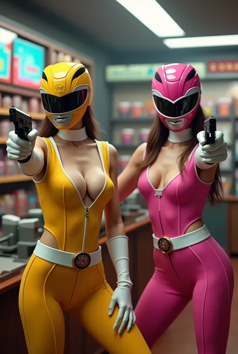 2 famme qui porte une tenue de powe ranger sexy  rose et jaune avec le casque  et avec les gant blanc qui font un braquage dans un magasin pour braque la caisse avec des pistolet 