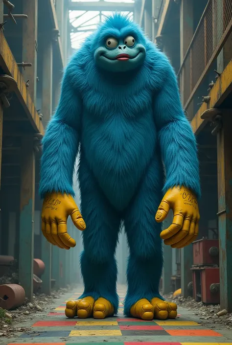 Dark fantasy Huggy Wuggy is a tall, slender creature covered in thick, bright blue fur. Its arms and legs are 10 feet long and end in large yellow hands and feet. His hands have large Velcro straps across the palms, and both his feet have four digits, incl...