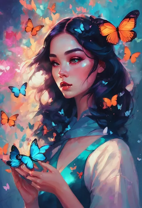 there is a woman with a butterfly in her hand, inspired by Lois van Baarle, loish art style, by Lois van Baarle, lois van baarle and rossdraws, alice x. zhang, inspired by loish, loish van baarle, glossy digital painting, stunning digital illustration, bea...