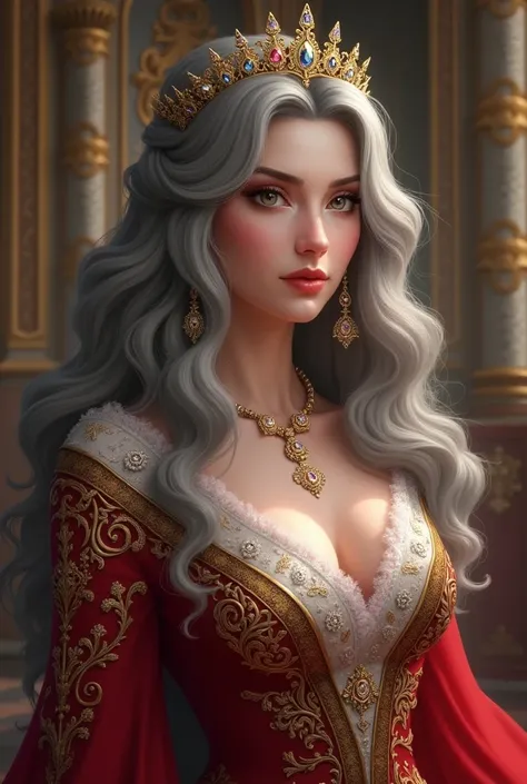 A 21-year-old noble princess with long, wavy gray hair. She should have an arrogant and haughty expression, yet maintain an air of elegance and sophistication