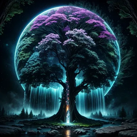 a tree in the middle of a waterfall surrounded by trees, tree of life, cosmic tree of life, the world tree, the tree of life, tr...