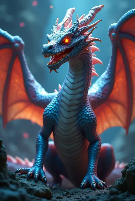 a detailed profile of a dragon with gradient colors, detailed scales, glowing eyes, open mouth showing teeth, large wings folded, detailed facial features, dramatic lighting, fantasy art, digital painting, cinematic composition, intricate details, photorea...