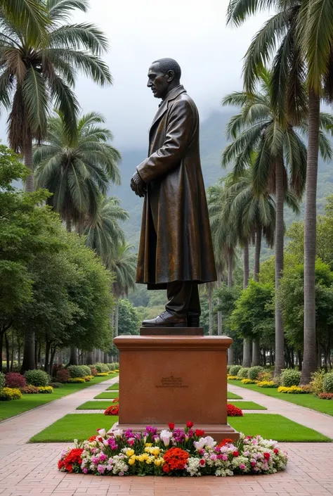 A statue of Paz Soldán in a park in Arequipa, with people leaving flowers in his memory.


