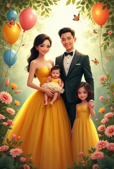 Real  pinoy family pic women beautiful with ballgown yellow and daughter Currying baby girl  1 year old with ballgown yellow and man handsome with attire and baby boy 5 years old with attire with flowers baloons butterflies 