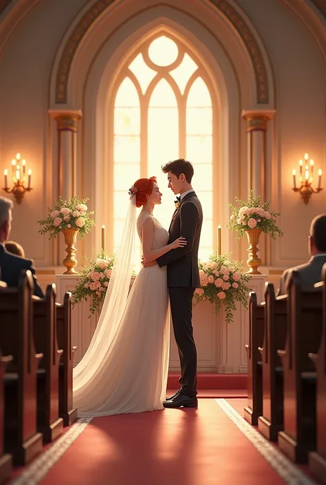 Make me and my girlfriend (I am a thin black-haired guy and my girlfriend is a red-haired girl of medium build.) on the altar