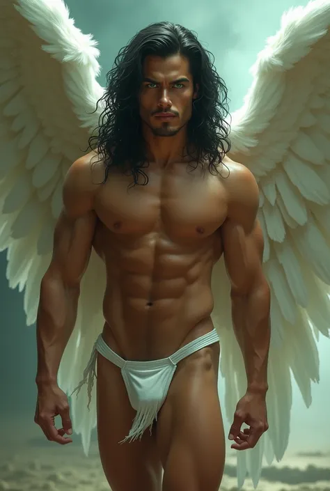 Muscular angel, latino, with green eyes, hairless, high, with black hair, and in a thong.
