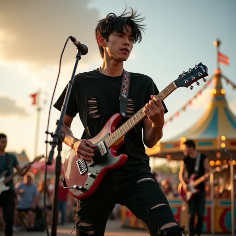 Handsome asian teenager , lead vocal and also playing guitar with his band on the stage. The background at daylight of carnaval playground. he is wearing T-shirt ripped black jeans pants and black boots , wearing black boots, black messy hair, full body si...