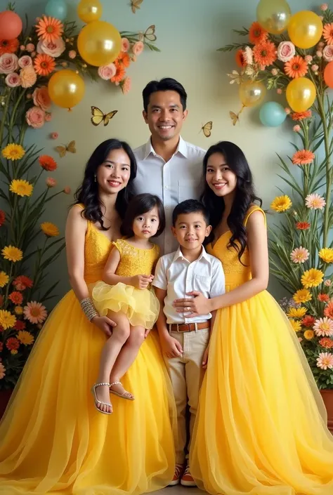 Real  pinoy family pic women beautiful with ballgown yellow and daughter Currying baby girl  2 year old with ballgown yellow and man handsome with attire and baby boy 5 years old with attire with flowers baloons butterflies 