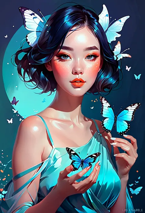 there is a woman with a butterfly in her hand, inspired by Lois van Baarle, loish art style, by Lois van Baarle, lois van baarle and rossdraws, alice x. zhang, inspired by loish, loish van baarle, glossy digital painting, stunning digital illustration, bea...