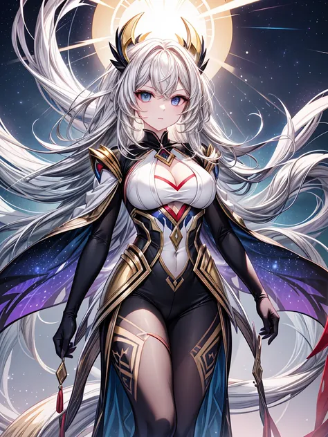 Create a stunningly beautiful girl based on the Pokémon Solgaleo, with a celestial and majestic presence. She has a regal and ethereal appearance, with long, flowing hair that resembles the golden, radiant mane of Solgaleo. Her hair is adorned with star-li...