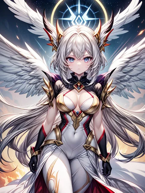 Create a stunningly beautiful girl based on the Pokémon Solgaleo, with a celestial and majestic presence. She has a regal and ethereal appearance, with long, flowing hair that resembles the golden, radiant mane of Solgaleo. Her hair is adorned with star-li...