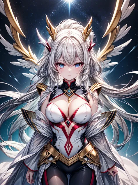 Create a stunningly beautiful girl based on the Pokémon Solgaleo, with a celestial and majestic presence. She has a regal and ethereal appearance, with long, flowing hair that resembles the golden, radiant mane of Solgaleo. Her hair is adorned with star-li...