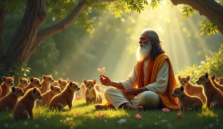 Maharishi ved vyas pray with take a flower in his hand in front of 100 cubs 