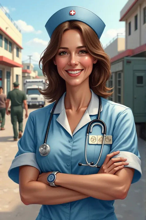 create the image of a female nurse on a military base. 50 years old, brown hair and brown eyes and friendly 