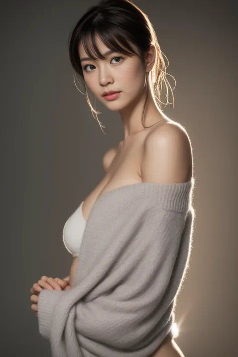 asian lady, She is wearing a soft white sweater relaxed neckline that casually ((drapes off one shoulder)), exposing slender shoulders with black bra trap, highlighted by the rays of light creating a radiant effect on her skin. , mid-shot , light rays, war...