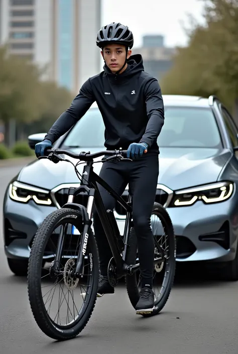 Create a picture of a young mountain biker with a Trek mountain bike. The bike is black. Das Bile ist ein Fully. 

The mountain biker stands in front of a new BMW 3 Series Touring. The BMW 3 Series Touring is grey. 