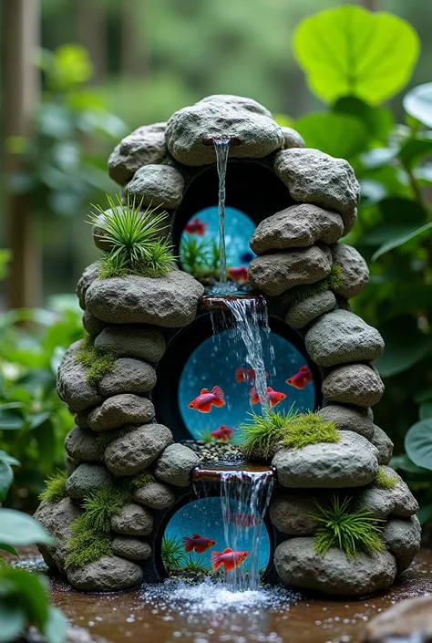  ornamental waterfall made with natural stones and with betta fish aquariums embedded in the stones