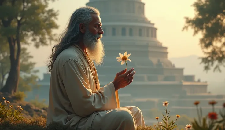 Maharishi ved vyas pray with take a flower in his hand in front of 100 stone 