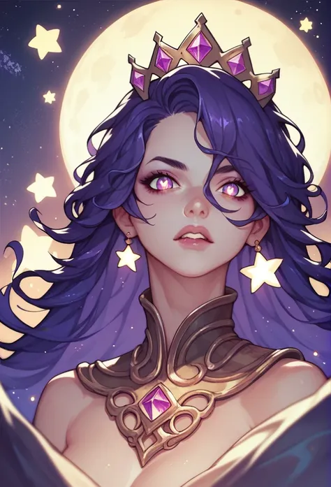 A queen with dark purple hair and stars for pupils