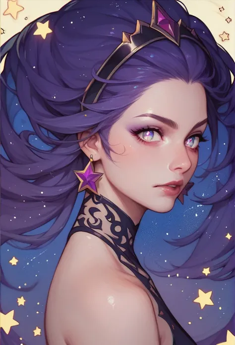 A queen with dark purple hair and stars for pupils