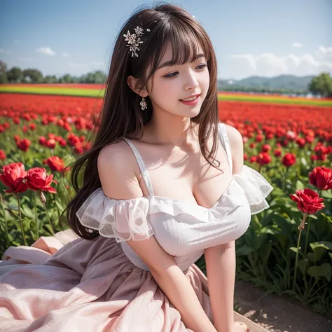 long skirt,in the flower field，Wear a thick gauze skirt dress，Three-layer mesh long skirt，tutu skirt，puffy skirt, rotate，Close eyes，1 female, On the face, laughing out loud, light brown hair, blunt bangs, hair behind ears, Shoulder-length hair, long hair, ...