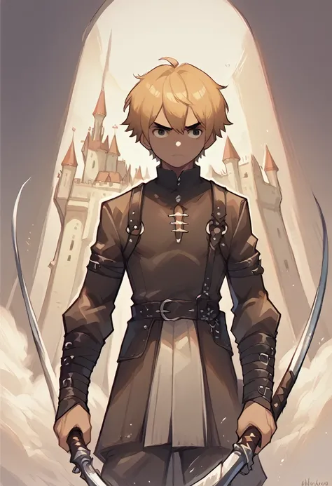 a short dark-haired man wielding a medium sword and carrying a scythe in his second hand wearing leather clothes and with a castle in the background and him shorter