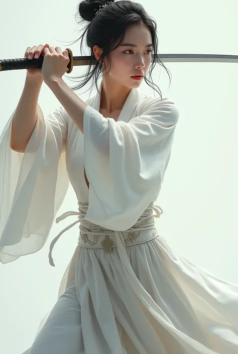 Wearing a white dress、Close-up of woman holding sword, Portrait of Yang Jian, Popular on CGsociety, Fantasy Art, Beautiful character painting, artwork in the style of Gu Weiss, Gu Weiss, White Hanfu, flowing white robe, Full body martial arts, Epic and bea...