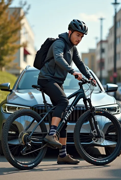 Create a picture of a mountain biker with a Trek mountain bike. The bike is black. Das Bike ist ein Fully. The mountain biker is 25 years old. The mountain biker wears a black helmet. 

The mountain biker stands in front of a new BMW 3 Series Touring. The ...