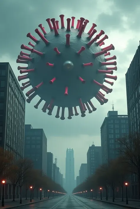 Imagine a dramatic sight where a gigantic-sized SARS-CoV-2 coronavirus dominates the sky over a city. The virus tiene su característica forma esférica, with a metallic grey or blue central core and is covered by bright red or pink pointed spikes that exten...