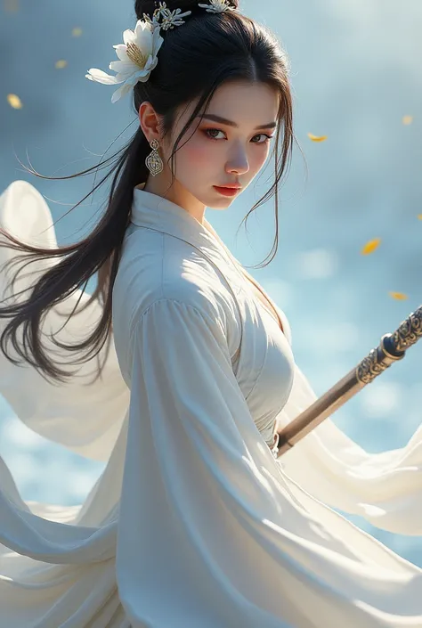 Wearing a white dress、Close-up of woman holding sword, Portrait of Yang Jian, Popular on CGsociety, Fantasy Art, Beautiful character painting, artwork in the style of Gu Weiss, Gu Weiss, White Hanfu, flowing white robe, Full body martial arts, Epic and bea...