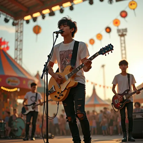 Handsome asian teenage  , lead vocal and also playing guitar with his band on the stage. The background at daylight of carnaval playground. he is wearing T-shirt ripped black jeans pants and black boots , wearing black boots, black messy hair, full body si...