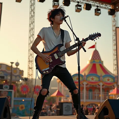 Handsome asian teenage  , lead vocal and also playing guitar with his band on the stage. The background at daylight of carnaval playground. he is wearing T-shirt ripped black jeans pants and black boots , wearing black boots, black messy hair, full body si...