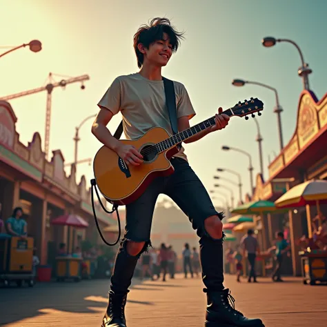 Handsome asian teenage  , lead vocal and also playing guitar with his band on the stage. The background at daylight of carnaval playground. he is wearing T-shirt ripped black jeans pants and black boots , wearing black boots, black messy hair, full body si...