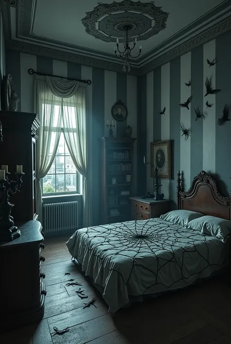 Grey room with white stripes and a spider web bed, on the walls snakes spiders and bats, antique wardrobe and bookcases and street lamps 