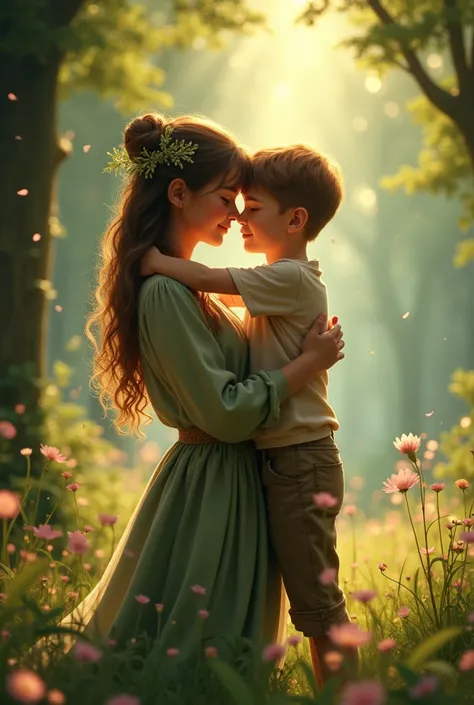 Create the image of a young boy hugging his mother in an enchanted and magical forest