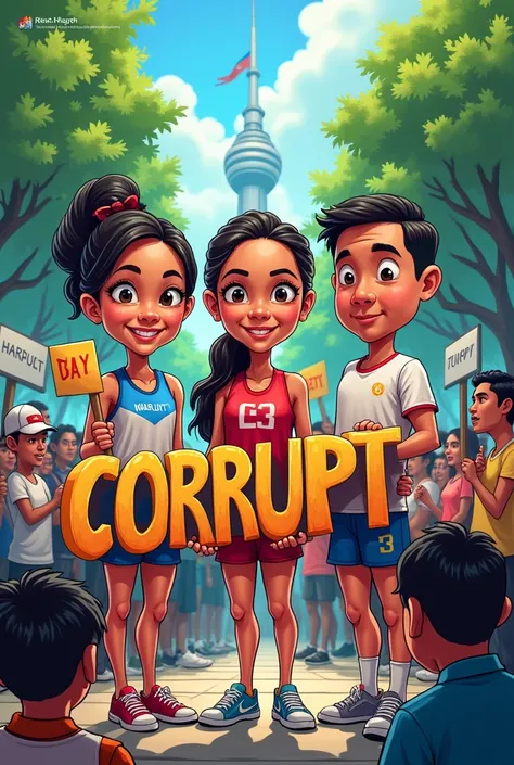 (Back ground)luneta park
(Topic) Hidilyn Diaz , carlos yulo , Harold hatch holding the word corrupt while politicians are standing on the word and there are protesters in the background 
(Style) Cartoony 