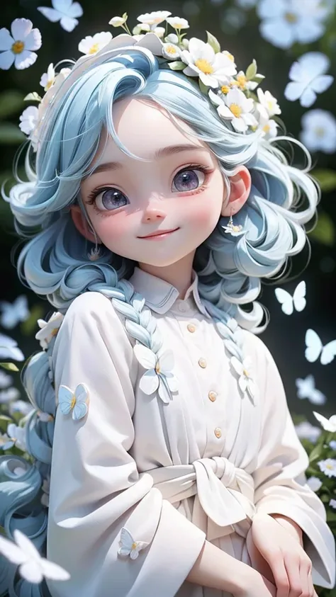 young boy with white clothes, very very short wavy blue hair, light blue hair, cute, cute smile, adorable, crown of flowers on head, butterflies, field of flowers, natural light, detailed face, beautiful eyes, delicate features, soft colors, serene atmosph...