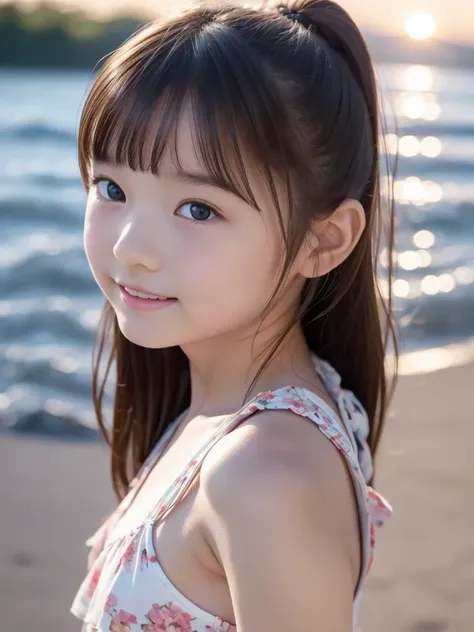 masterpiece, 8k, 10 years old, adorable, very pretty, adolescent, seaside,  japanese girl, (portrait, close-up:1.2), exposed for...