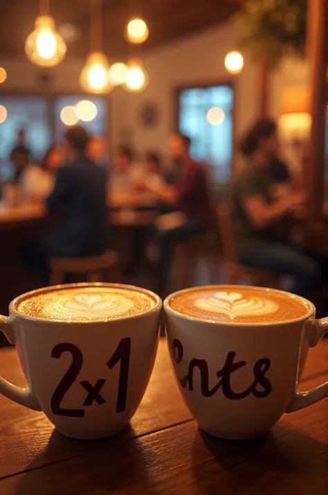 A vibrant image showing two cups of latte in close-up, with perfectly decorated foam on the surface. the text "2x1 in slats" in big, bold letters, using colors that contrast well with the background. Behind, a blurred image of a crowded cafe, with warm lig...