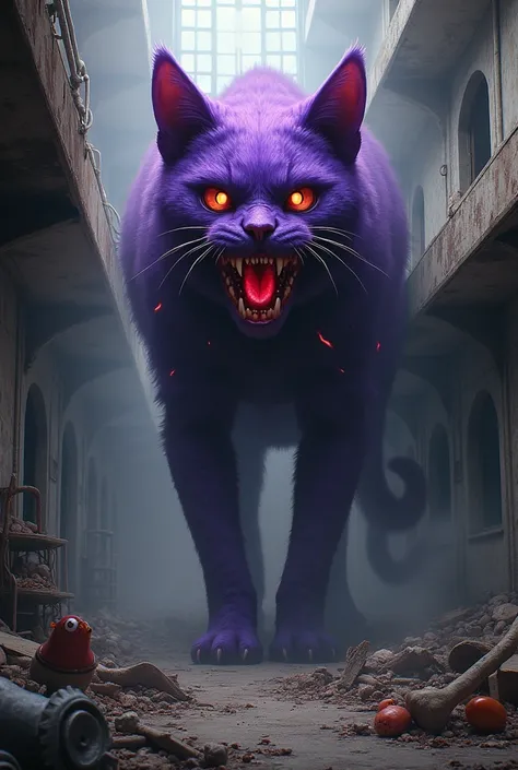 Dark fantasy a large purple cat with a bone structure appearing with red smoke coming out of its mouth, deep eyes with a white dot and a pose like a cat in an abandoned daycare