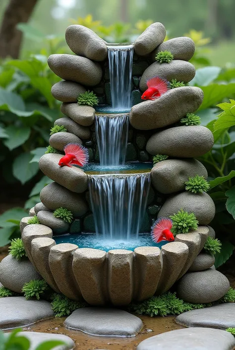 two-meter-high ornamental waterfall made with natural stones and with betta fish aquariums embedded in the stones 