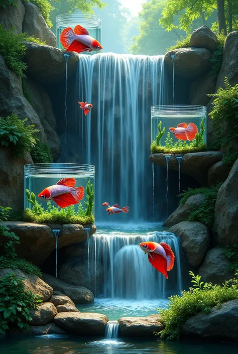 Betta fish tanks embedded in an ornamental waterfall 