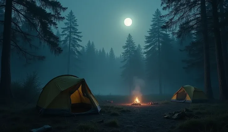 An abandoned campsite at night, torn tents and a dead campfire, dark trees surrounding, full moon illuminating, light fog creating a mysterious atmosphere, 16:9, cinematic style, dark colors, eerie feeling